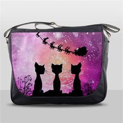 Cats Looking In The Sky At Santa Claus At Night Messenger Bags by FantasyWorld7