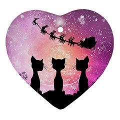 Cats Looking In The Sky At Santa Claus At Night Ornament (heart)  by FantasyWorld7