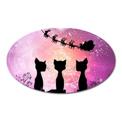 Cats Looking In The Sky At Santa Claus At Night Oval Magnet by FantasyWorld7