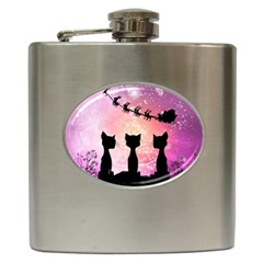 Cats Looking In The Sky At Santa Claus At Night Hip Flask (6 Oz) by FantasyWorld7