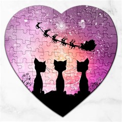 Cats Looking In The Sky At Santa Claus At Night Jigsaw Puzzle (heart) by FantasyWorld7