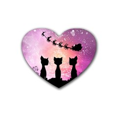 Cats Looking In The Sky At Santa Claus At Night Heart Coaster (4 Pack)  by FantasyWorld7