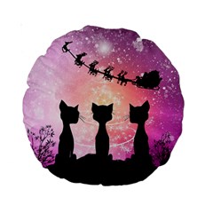 Cats Looking In The Sky At Santa Claus At Night Standard 15  Premium Round Cushions by FantasyWorld7