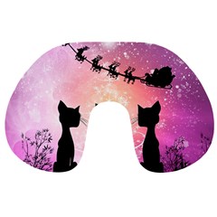 Cats Looking In The Sky At Santa Claus At Night Travel Neck Pillows by FantasyWorld7