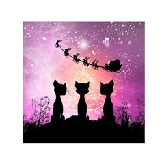 Cats Looking In The Sky At Santa Claus At Night Small Satin Scarf (square) by FantasyWorld7