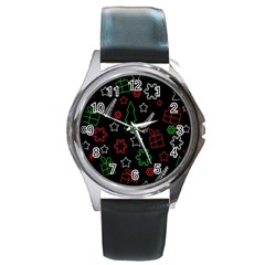 Green And  Red Xmas Pattern Round Metal Watch by Valentinaart