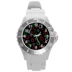 Green And  Red Xmas Pattern Round Plastic Sport Watch (l) by Valentinaart