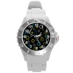 Xmas pattern - Blue and yellow Round Plastic Sport Watch (L) Front