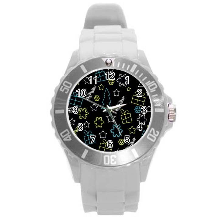 Xmas pattern - Blue and yellow Round Plastic Sport Watch (L)