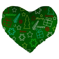 Green Xmas Pattern Large 19  Premium Heart Shape Cushions by Valentinaart