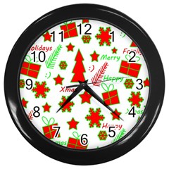 Red And Green Christmas Pattern Wall Clocks (black) by Valentinaart