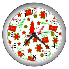 Red And Green Christmas Pattern Wall Clocks (silver)  by Valentinaart