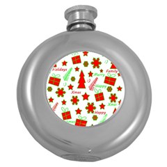 Red And Green Christmas Pattern Round Hip Flask (5 Oz) by Valentinaart