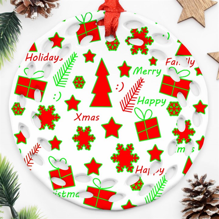 Red and green Christmas pattern Ornament (Round Filigree) 