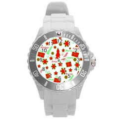 Red And Green Christmas Pattern Round Plastic Sport Watch (l) by Valentinaart