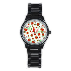 Red And Green Christmas Pattern Stainless Steel Round Watch by Valentinaart