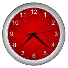 Decorative Red Christmas Background With Snowflakes Wall Clocks (silver) 