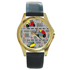 Toy Cars Round Gold Metal Watch by Valentinaart