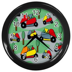 Toy Car Pattern Wall Clocks (black) by Valentinaart