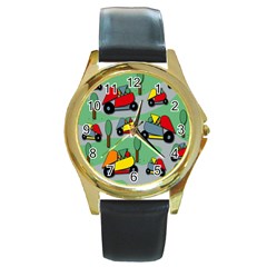 Toy Car Pattern Round Gold Metal Watch by Valentinaart