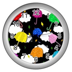 Umbrellas 2 Wall Clocks (silver)  by Valentinaart