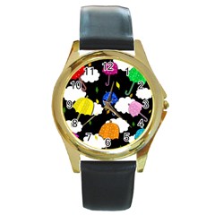 Umbrellas 2 Round Gold Metal Watch by Valentinaart