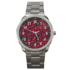 Red Floral Pattern Sport Metal Watch by Valentinaart