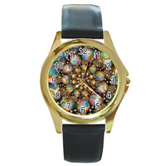 Marbled Spheres Spiral Round Gold Metal Watch by WolfepawFractals