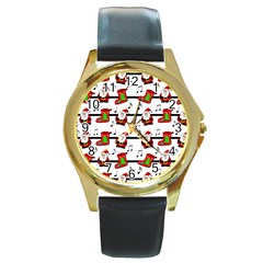 Xmas Song Pattern Round Gold Metal Watch by Valentinaart