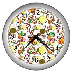 Xmas Candy Pattern Wall Clocks (silver)  by Valentinaart