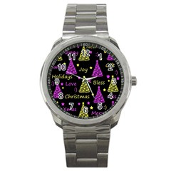 New Year Pattern - Yellow And Purple Sport Metal Watch by Valentinaart