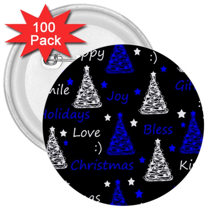 New Year pattern - blue 3  Buttons (100 pack) 