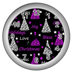 New Year Pattern - Purple Wall Clocks (silver)  by Valentinaart