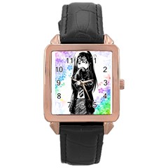 Shy Anime Girl Rose Gold Leather Watch  by Brittlevirginclothing