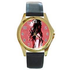 Day Dreaming Anime Girl Round Gold Metal Watch by Brittlevirginclothing