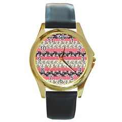 Cute Flower Pattern Round Gold Metal Watch by Brittlevirginclothing