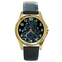 Elegant Blue Christmas Tree Black Background Round Gold Metal Watch