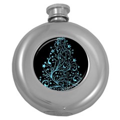 Elegant Blue Christmas Tree Black Background Round Hip Flask (5 Oz)