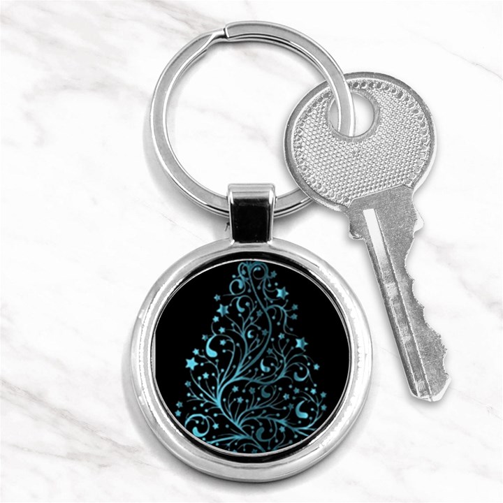 Elegant Blue Christmas Tree Black Background Key Chains (Round) 