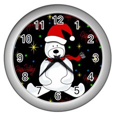 Polar Bear - Xmas Design Wall Clocks (silver)  by Valentinaart