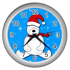 Polar Bear - Blue Wall Clocks (silver)  by Valentinaart