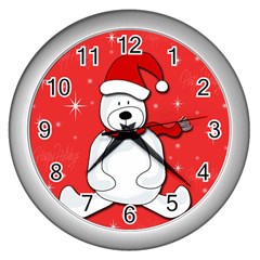 Polar Bear - Red Wall Clocks (silver)  by Valentinaart