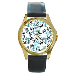 Lizards pattern - blue Round Gold Metal Watch