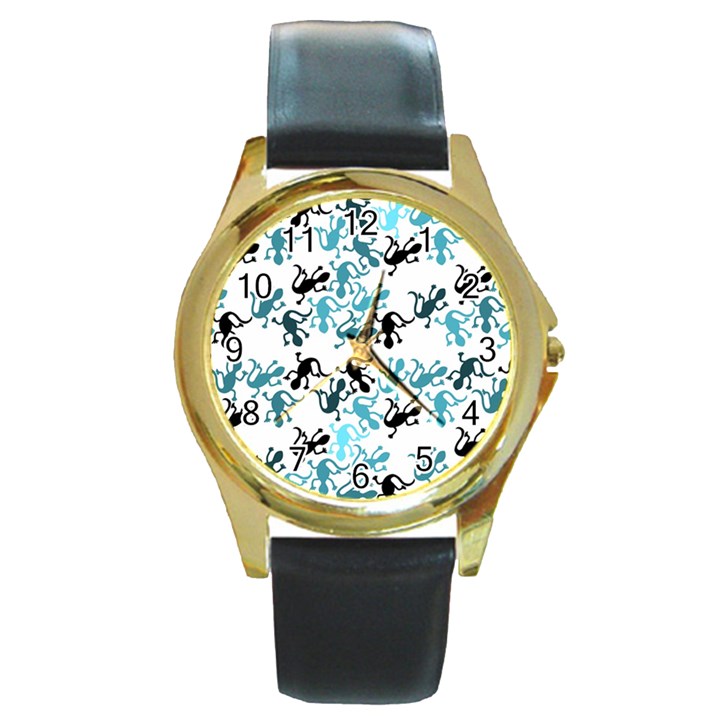 Lizards pattern - blue Round Gold Metal Watch