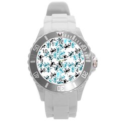 Lizards pattern - blue Round Plastic Sport Watch (L)