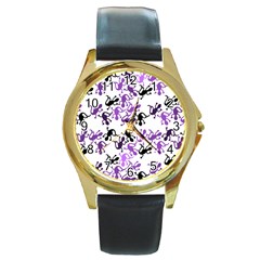 Lizards Pattern - Purple Round Gold Metal Watch by Valentinaart