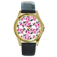 Lizards Pattern - Magenta Round Gold Metal Watch by Valentinaart