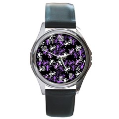 Purple Lizards Pattern Round Metal Watch by Valentinaart