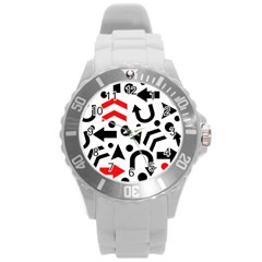 Red Right Direction Round Plastic Sport Watch (l) by Valentinaart