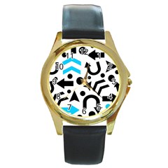 Cyan Right Direction Round Gold Metal Watch by Valentinaart